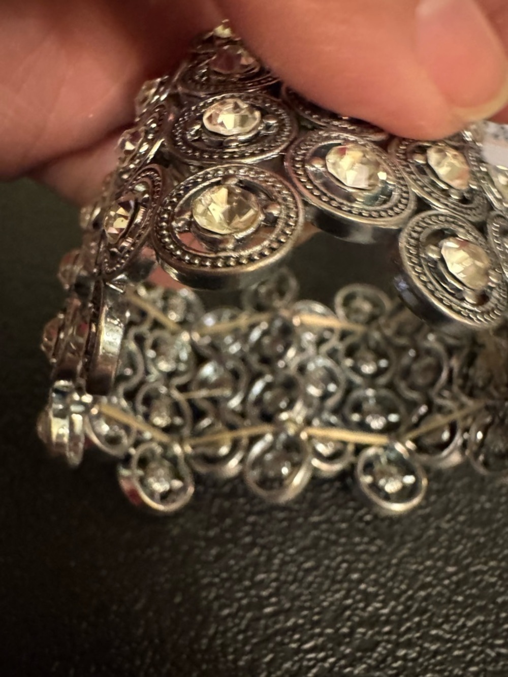 Rhinestone Embellished Silver-Tone Wide Cuff Stretch Bracelet - Picture 4 of 7